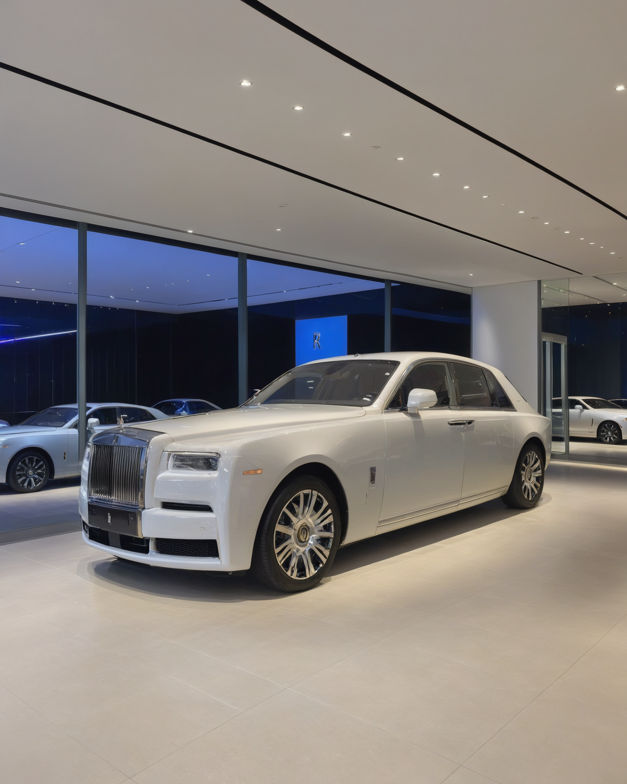 07726-2603335166-a luxurious car, specifically a Rolls-Royce, displayed in a modern showroom. The car is silver in color and features a sleek des.png